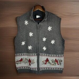 Vintage Cardinal Cardigan Sweater Vest L Gray‎ embroidered Snowflake Bird Zip